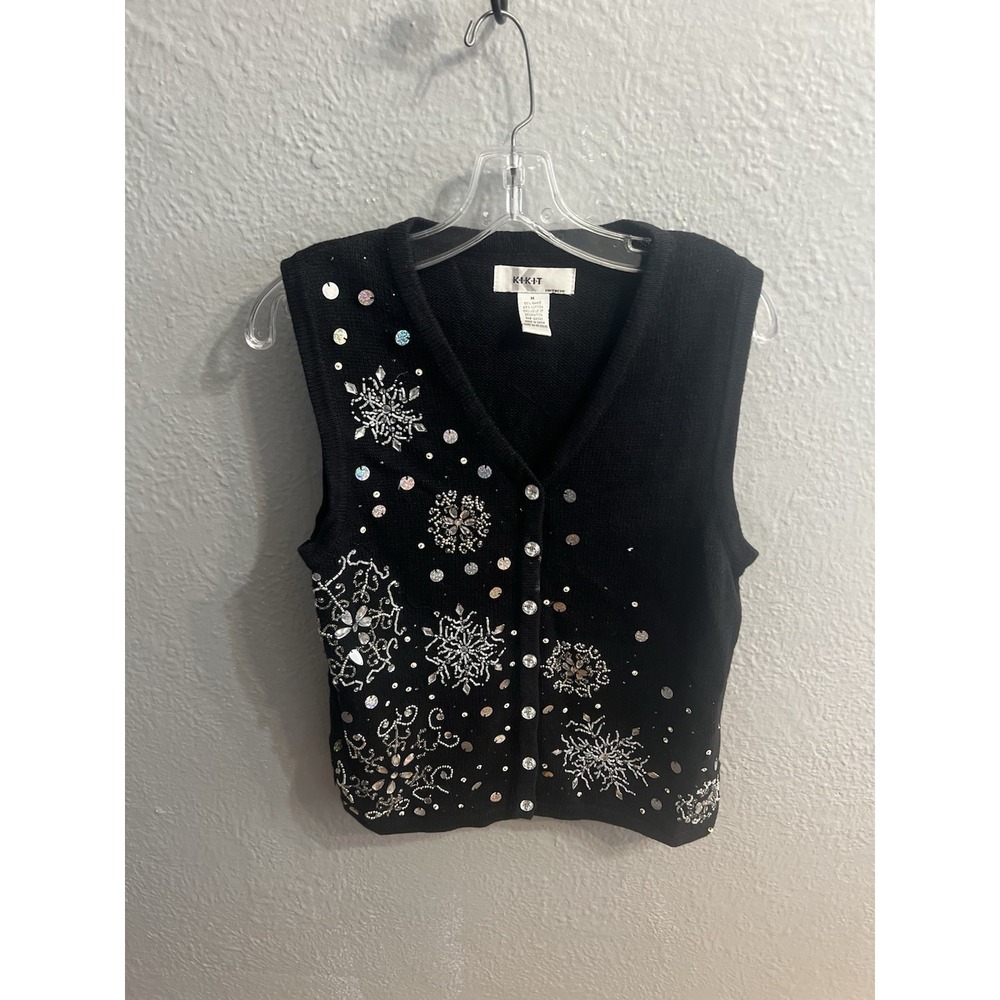 Kikit Christmas Vest Women's Size Medium‎ Black Snowflakes